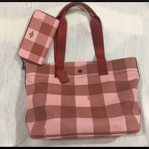 Coach pink plaid tote with matching wallet